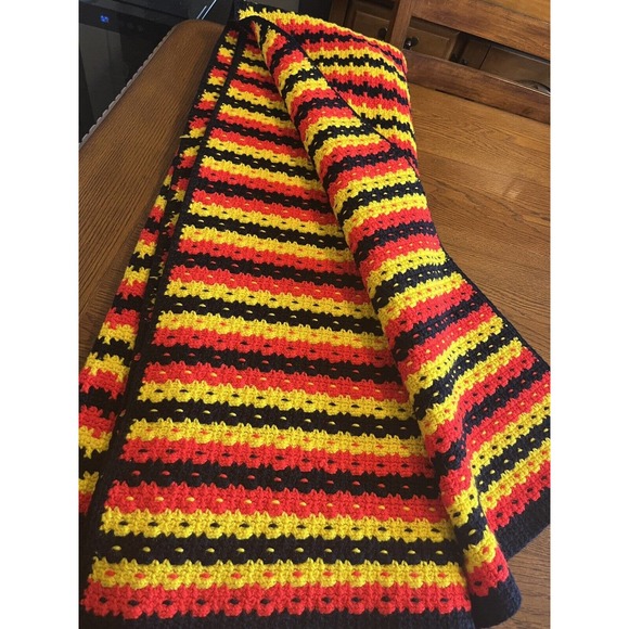 Vintage 70s MCM Striped Acrylic Knit Afghan Blanket Yellow Red Orange Navy - Picture 7 of 8